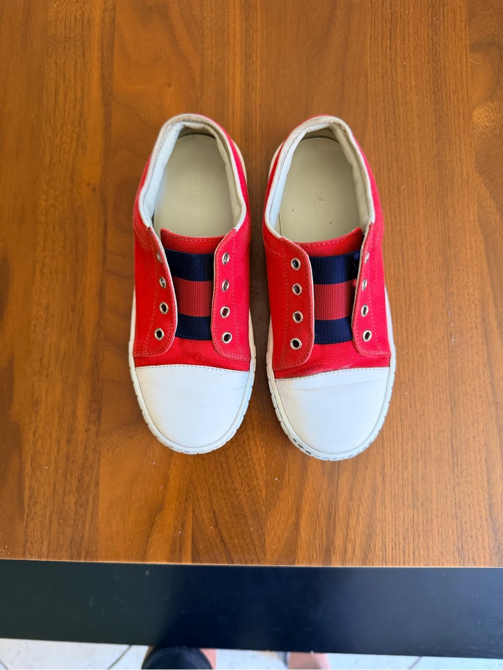 Gucci Kids Red Canvas Slip-On Sneakers with Navy Stripe